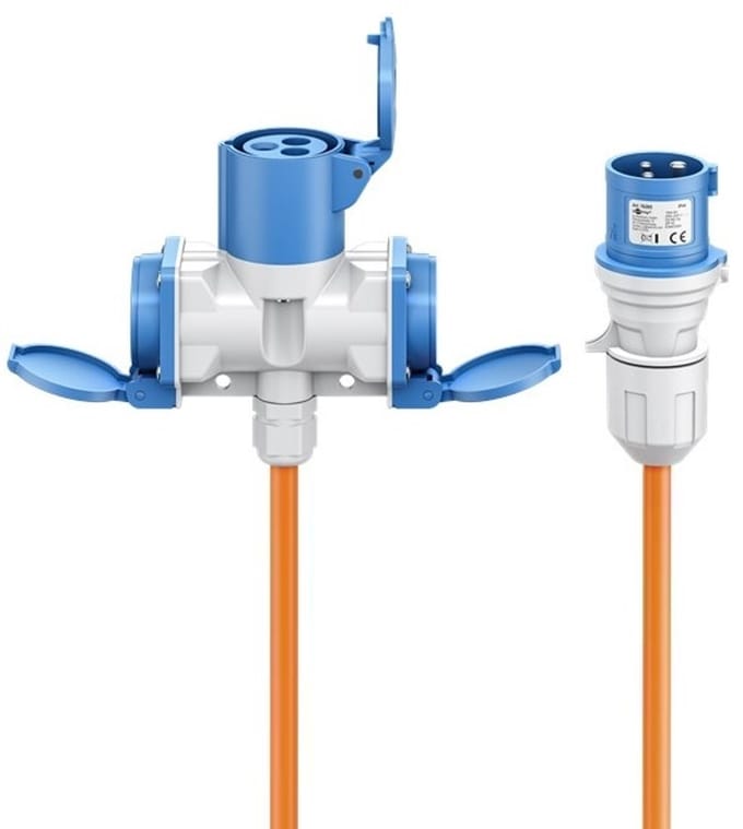 Goobay CEE-adapterkabel 5 m, CEE-stekker naar 1x CEE-contrastekker en 2x geaarde contrastekker, camping, IP44, oranje