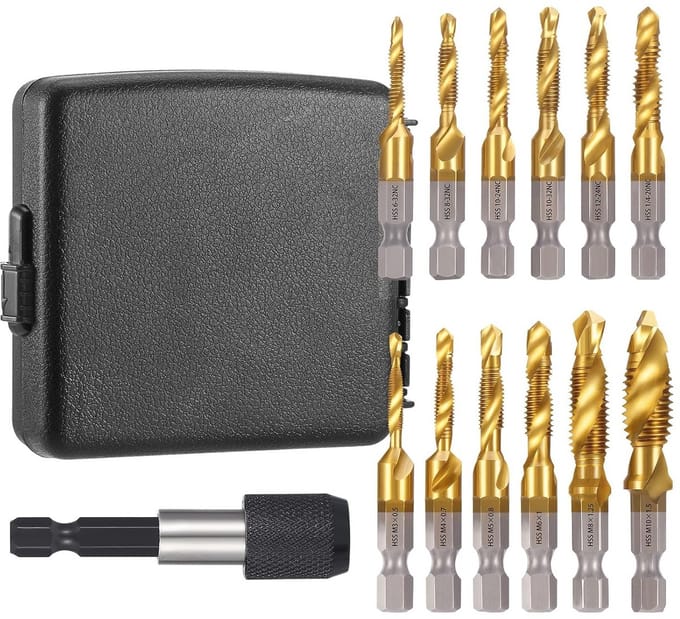 Combi schroefdraadboorset 13 stuks M3-M10 met adapter voor hout, metaal en kunststof