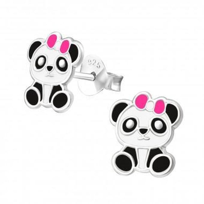 Zilveren oorstekers - panda met roze strik - kinderen - 8mm