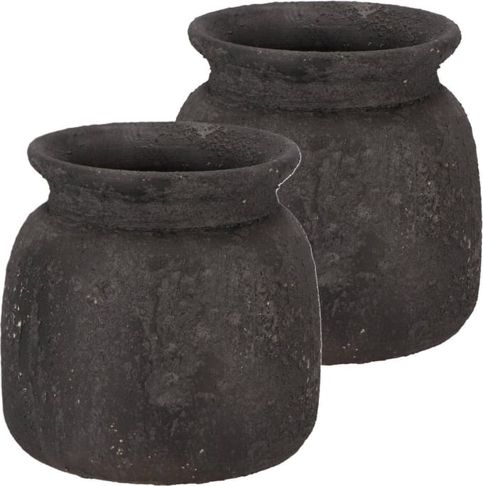 DK Design Bloemenvaas kruik Maya - 2x - verweerd zwart - D16 x H17 cm - rustiek