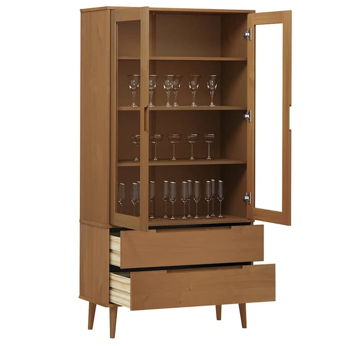 vidaXL - Vitrinekast - MOLDE - 90x35x175 - cm - massief - grenenhout - bruin