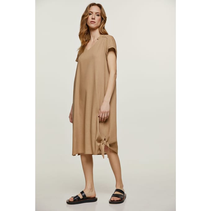 Beige Midi Jurk met Strikdetail