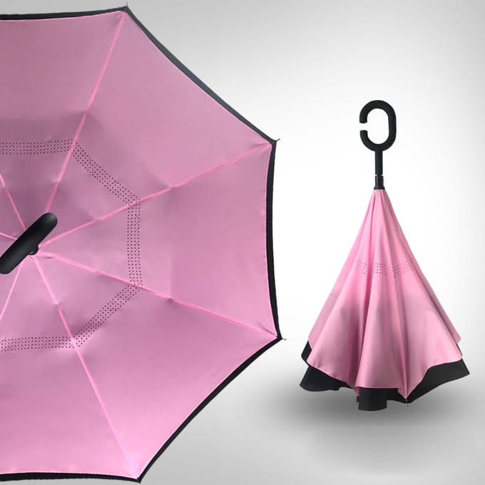 Parapluie Inversé Double Fibre Imperméable Léger Parapluie Inversé avec Poignée en Forme de C Gris rose