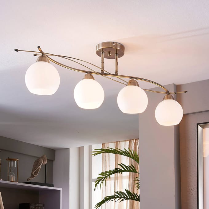 Lindby - plafondlamp - 4lichts - Glas, metaal - H: 25.5 cm - E14 - wit, antiek messing