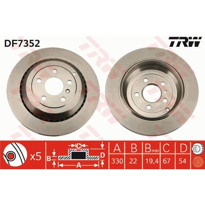 Remschijf TRW DF7352 achter, geventileerd, 1 Stuk