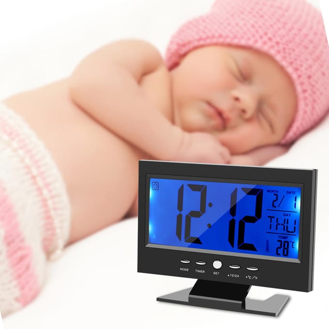 LCD Digitale Geluidssensor Tafel Bureau Wekker met Kalender en Temperatuurweergave Zwart zwart