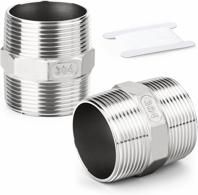 2 Stuks RVS 304 Zeskantnippel Schroefdraad Koppeling 1-1/2" Mannelijk naar Mannelijk BSP Rechte Adapter