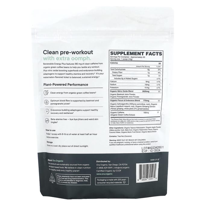Ora, Énergie Renouvelable Plus, Supplément Pré-Entraînement, Saveur Pastèque, 7,1 oz (200g)