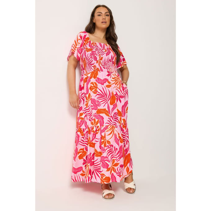 Yours Roze Palmblad Maxijurk Met Smokwerk Size 42