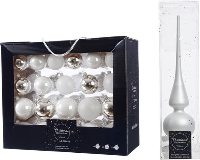 Decoris Kerstballen 42x glas wit zilver - 5-6-7 cm - mat glanzend glitter - inclusief piek - kerstdecoratie