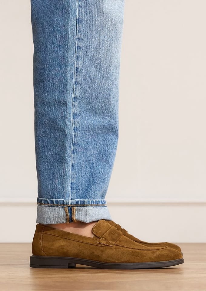Manfield - Heren - Cognac suède loafers - Maat 43