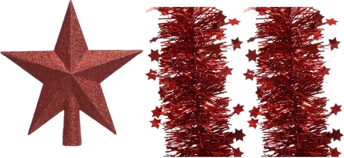 Set van een kerst ster piek en 2x stuks kerstslingers rood 270 x 10 cm - Kerstversiering
