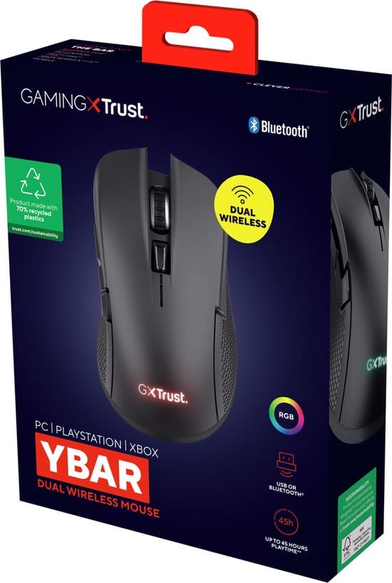 Trust GXT931 YBAR - Draadloze Gaming Muis - Multi Connect - Bluetooth & USB - Oplaadbaar - 7200 dpi - RGB - Zwart