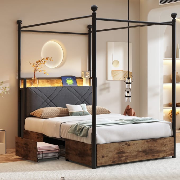 Sweiko Hemelbed - 90 x 190 cm - LED-verlichting - USB/Type-C - 2 lades - Bruin