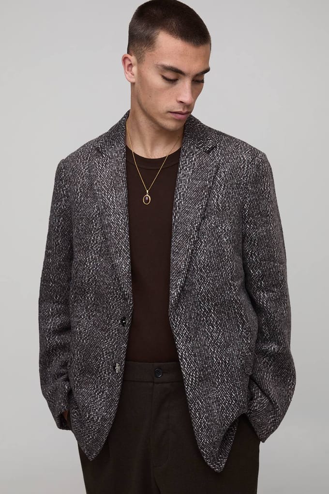 Oversized Herringbone Wrap Front Suit Jacket | Charcoal | Size 46