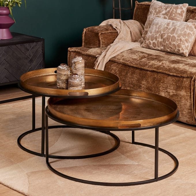 StarFurn Salontafel Puck - Rond Goud Metaal - Set van 2