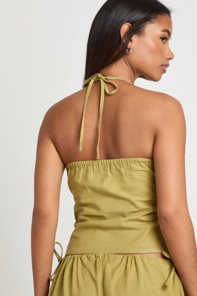 boohoo Dames Linnen-look Haltertop Met Kralendetail | Pistache | Maat: 34