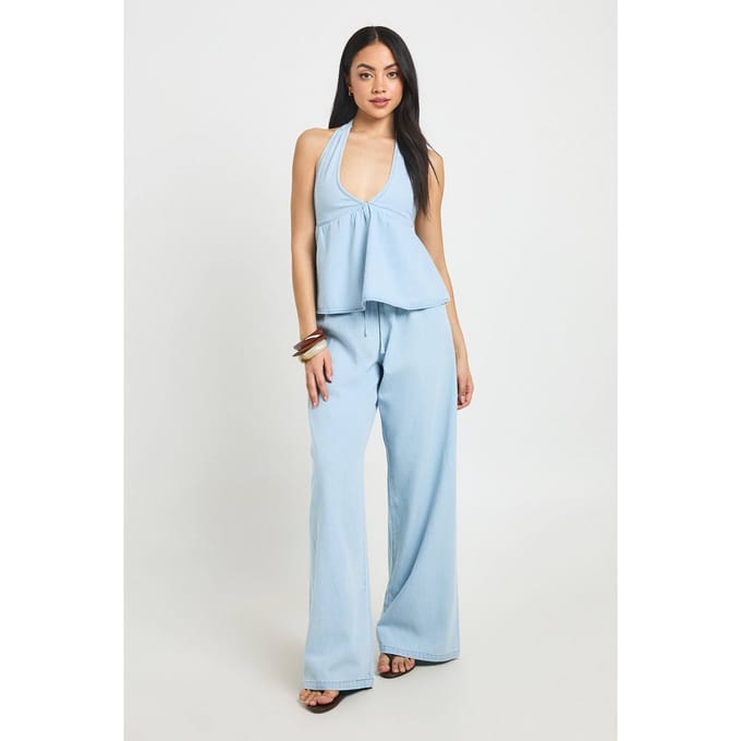 boohoo Dames Chambray Wijde Slouchy Broek | Licht Gebleekt | Maat: 36