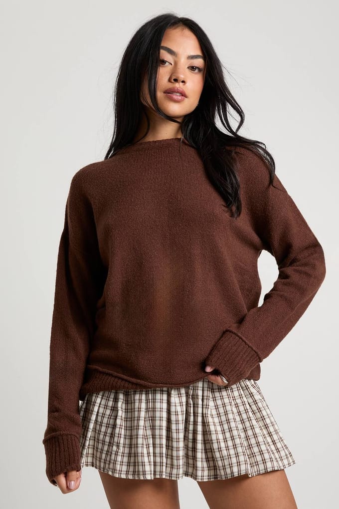 boohoo Dames Ronde hals gebreide trui | Chocoladebruin | Maat: Small