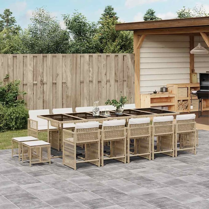 vidaXL - 15-delige - Tuinset - met - kussens - poly - rattan - beige