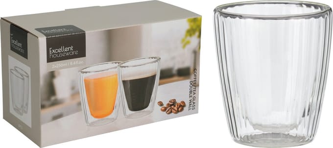 Excellent Houseware dubbelwandige Koffieglazen - 2x - Lungo - 250 ml - D8 x H9 cm