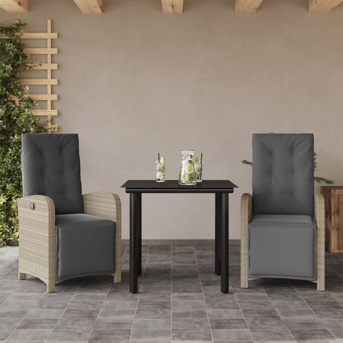 vidaXL - 3-delige - Bistroset - met - kussens - poly - rattan - lichtgrijs