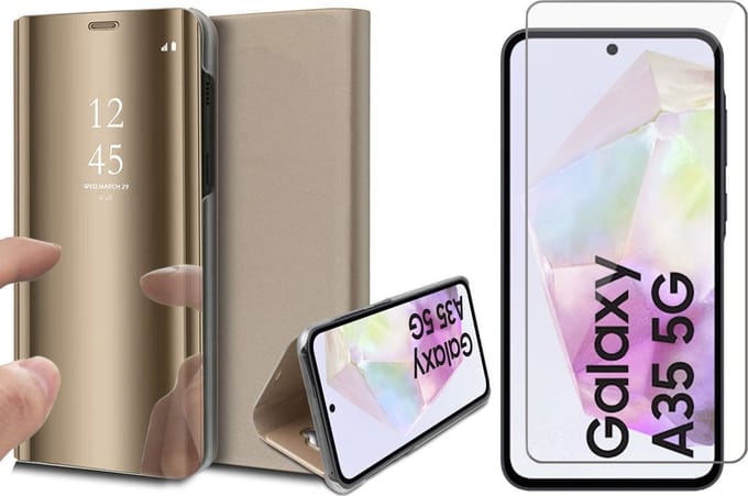 Hoesje geschikt voor Samsung Galaxy A35 - Screenprotector Glas - Spiegel Book Case Goud