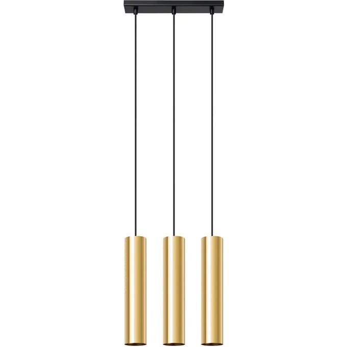 Hanglamp LAGOS 3 met 3 cilindrische kappen in lijn - Sollux Lighting - IP20 - Glanzend goud staal behuizing - 45 x 6 x 90 cm - 3 x GU10 LED, exclusief lichtbron - 3 x 10 W - Moderne hanglamp voor woonkamer, slaapkamer en eetkamer