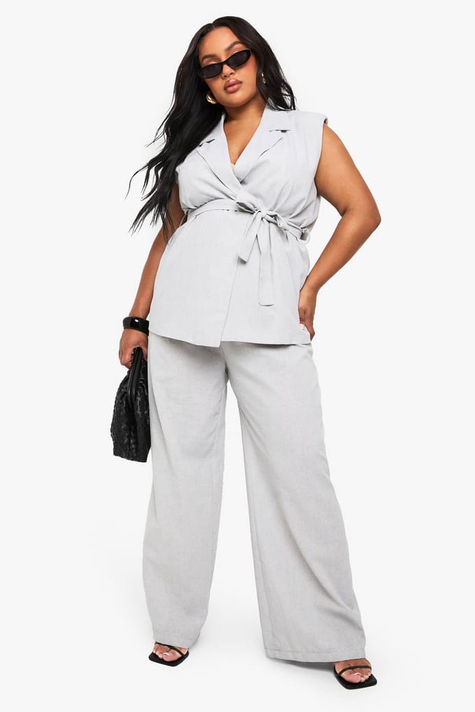 boohoo Dames Plus linnen-look mouwloze blazer met ceintuur | Grey Marl | Maat: 26