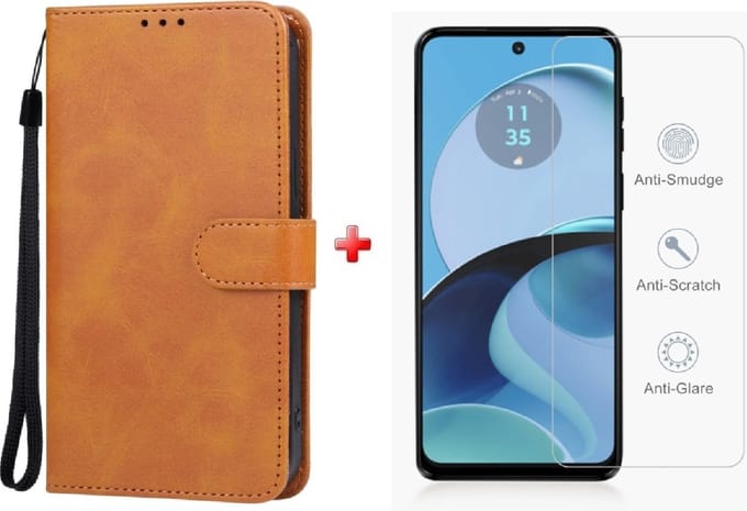 Motorola Moto G14 agenda book case hoesje bruin + glas screenprotector