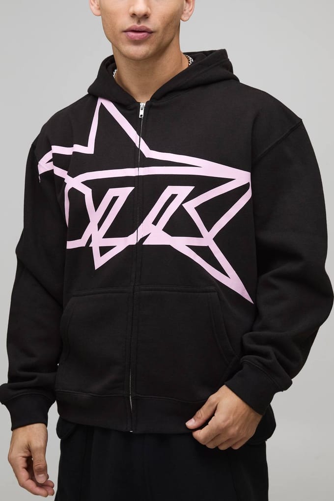 Oversized Boxy Hoodie met sterrenprint en ritssluiting | Black | Size Medium