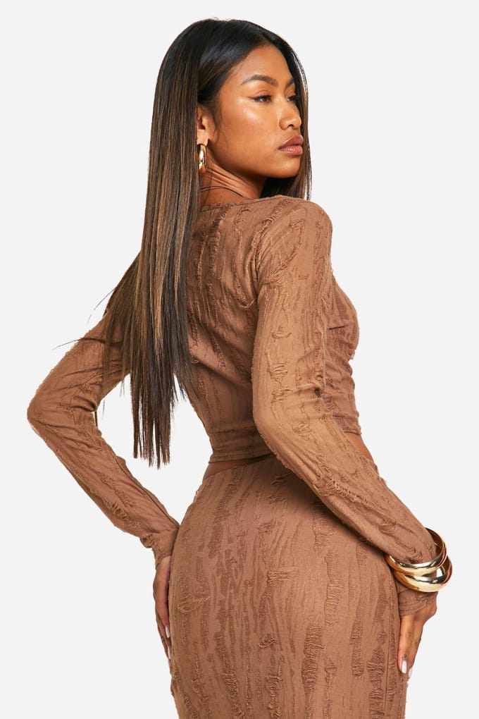 boohoo Dames Versleten look jersey top met geplooide zijkant | Chocoladebruin | Maat: 42