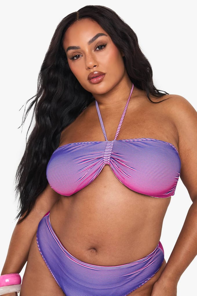 boohoo Dames PLUS TEXTURED STRIPE BANDEAU BIKINI | Violet | Maat: 52