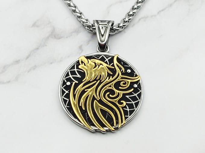 Mei's - Viking Valknut Wolf - ketting heren - RVS zilver/goud - 70 cm