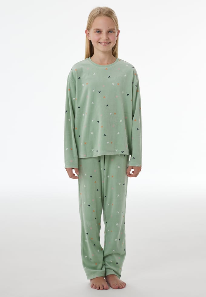 Lange pyjama van velours met hartjes, pastelgroen - Nightwear 152