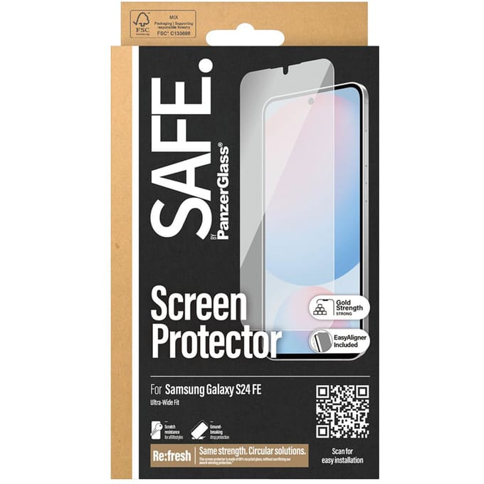 Beschermfolie PanzerGlass Safe Scherm. Ultra-Wide Fit EasyAligner voor Samsung Galaxy S24 FE S721, Gehard Glas, Volledige Lijm