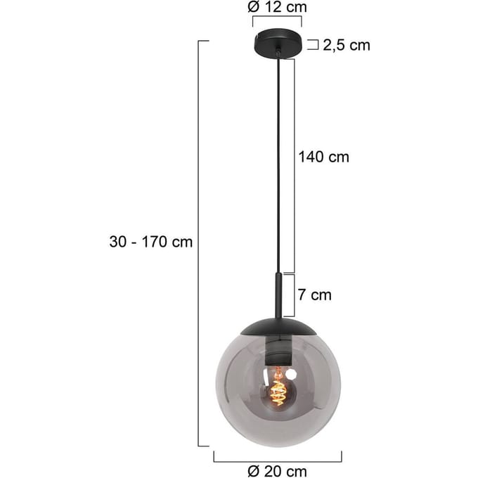 Hanglamp Bollique 20cm Zwart Hoogte Instelbaar, Glas en Metaal, Steinhauer