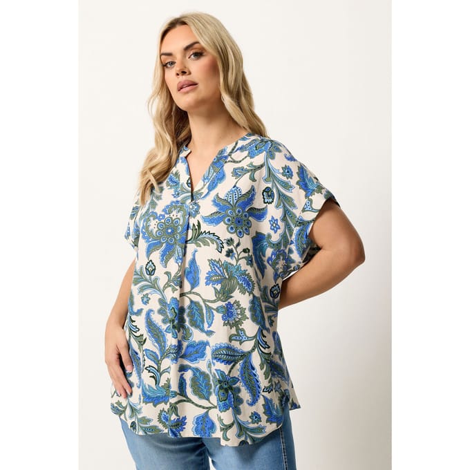 Yours Blauwe Paisleyprint Blouse Met Plooien Size 42