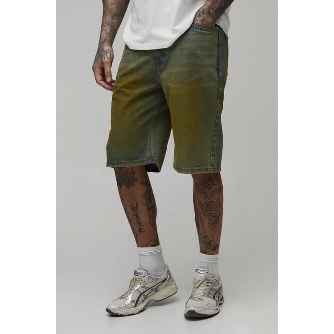 Lange Relaxed Getinte Denim Shorts | Green | Size 32