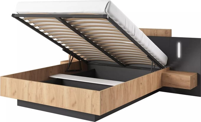 Vente-unique Bed met opbergruimte hout antracietgrijs, natuurlijk licht 160 x 200 cm
