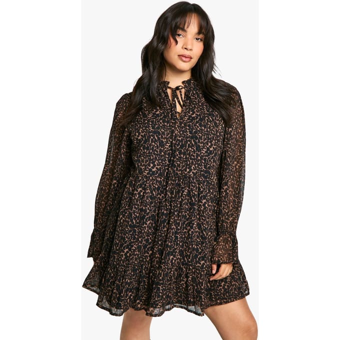 boohoo Dames Plus Animal Print Chiffon Smock-jurk | Leopard | Maat: 20