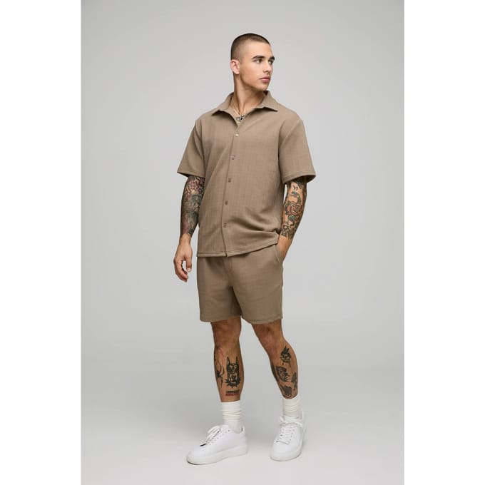 Korte mouw jersey regulier visgraat overhemd en shortset | Taupe | Size 3XL