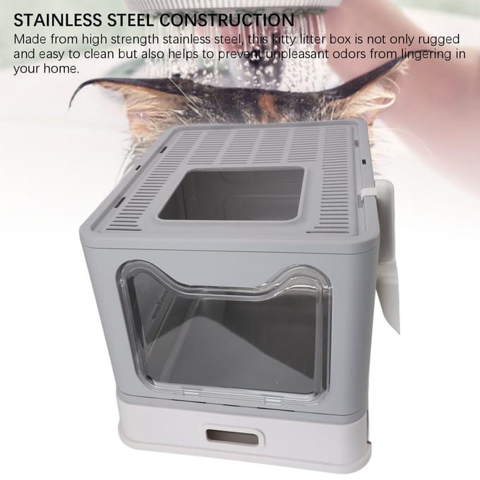 Bac à litière fermé avec tiroir Acier inoxydable Facile à nettoyer Pliable Sortie par le haut Litière pour chat gray
