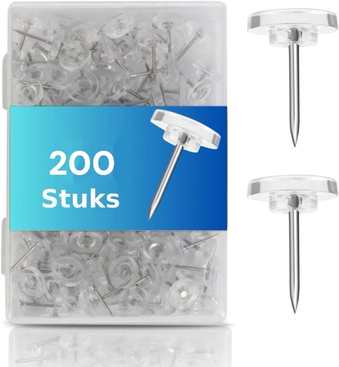 BOTC punaises voor prikbord - Set van 200 stuks - 11 mm lengte - Transparant