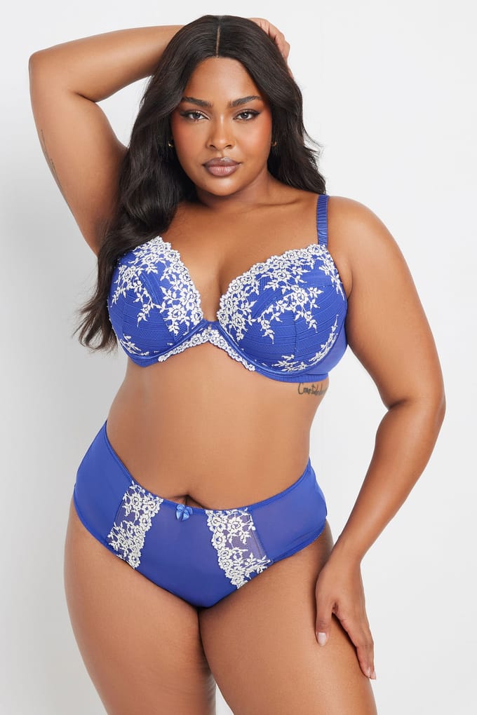 Yours Blauwe Plunge Bh Met Bloemenborduursel Size 105E