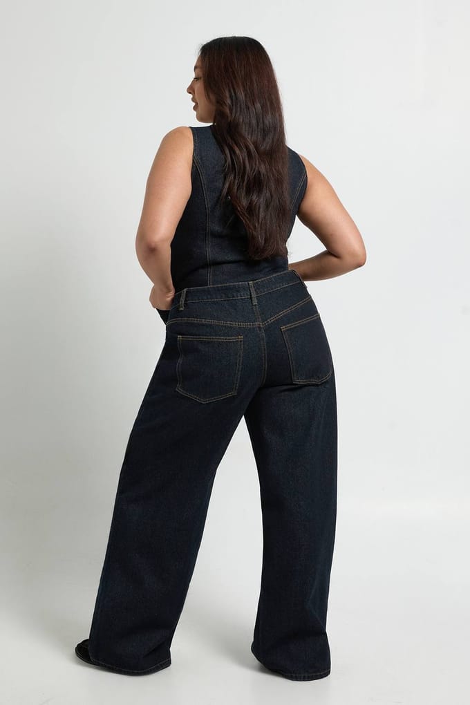 boohoo Dames Plus Contrast Stiksel Denim Wijde Pijpen Jeans | Indigo | Maat: 16