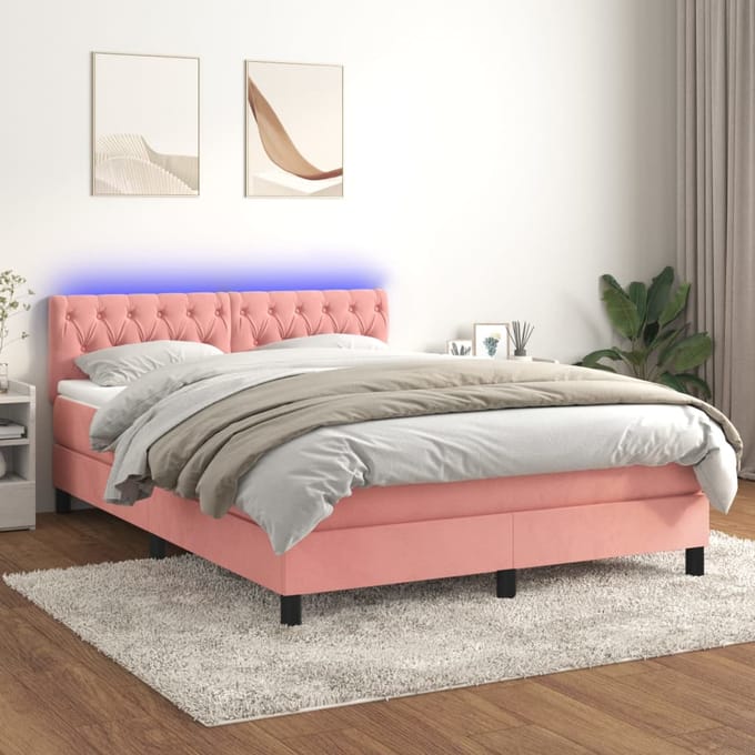 vidaXL - Boxspring - met - matras - en - LED - fluweel - roze - 140x190 - cm