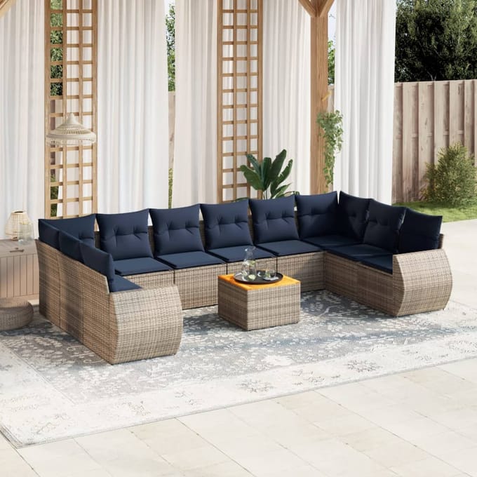 vidaXL - 11-delige - tuinbankset - met - kussens, - grijs - polyrotan