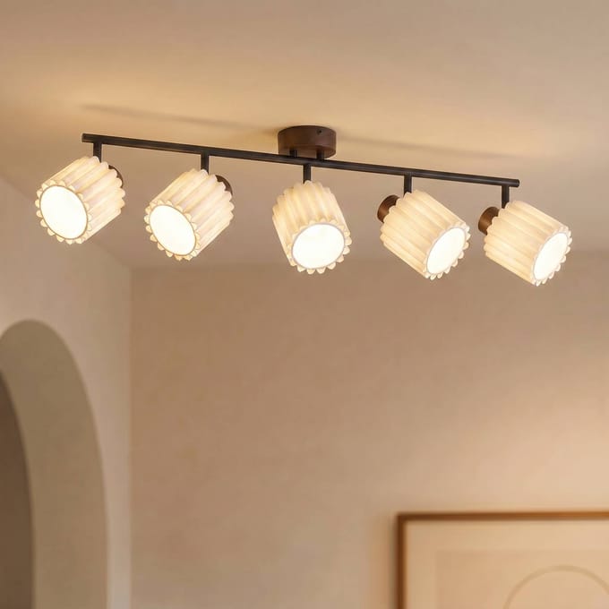 Lindby - buitenspot - 5lichts - walnoothout, linnen - H: 17 cm - E14 - Donker hout, beige