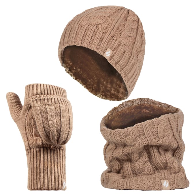 Heat Holders dameshoed, nekwarmer handschoenen set - Beige
